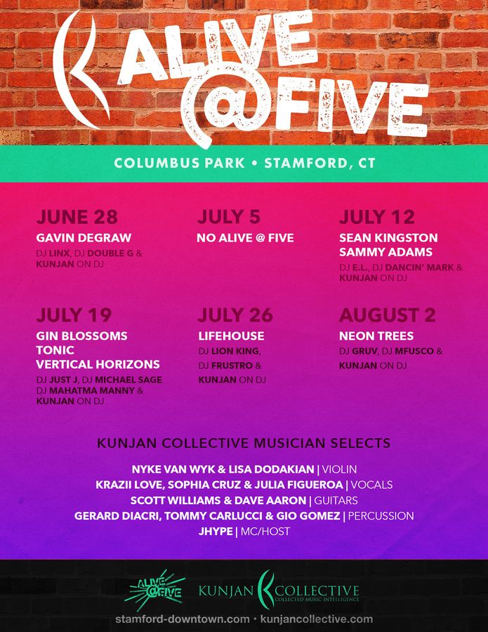 Alive@Five 2018 — flyer, June 28 – August 2, 2018, Stamford, CT