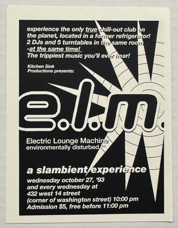 e.l.m. — Electric Lounge Machine — flyer, October 27, 1993, New York, NY