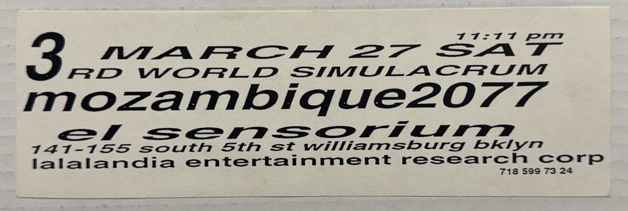 Mozambique 2077 — flyer, March 27, 1993, Williamsburg, Brooklyn